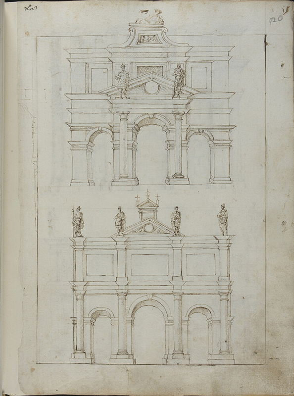Recto: Two classical-style facades, each with three openings 
Verso: Forum of Nerva In Rome (Le Colonnacce) and below a classical-style building with one opening