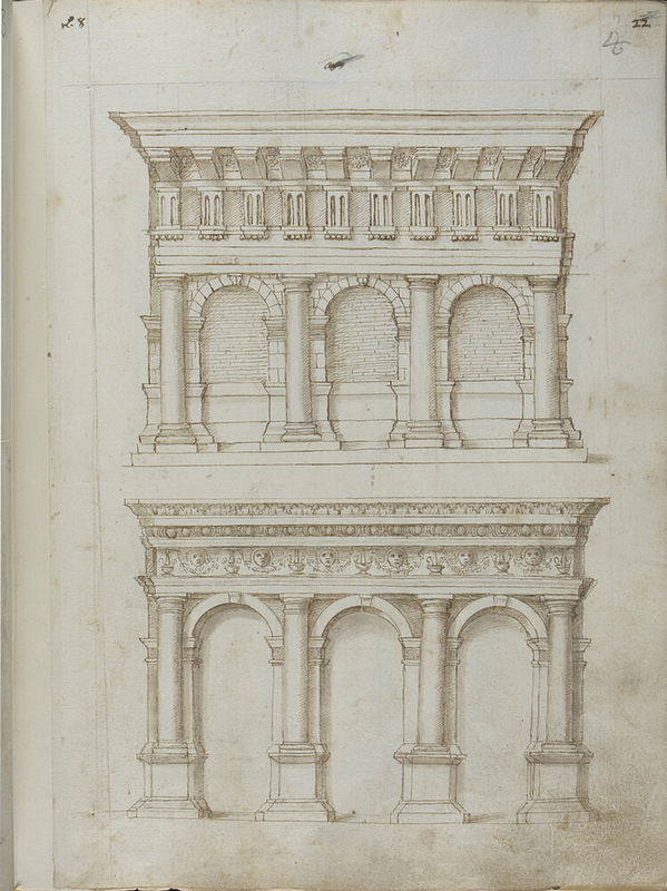 Recto: Two modern facades with three arches 
Verso: Blank