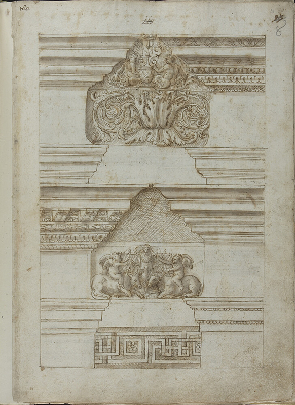 Rect: Four classicizing entablatures and various decorative motifs 
Verso: Five classicizing entablatures and various decorative motifs