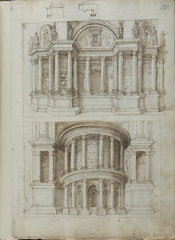 Recto: Two imaginary buildings
Verso: Two designs for ornamental panels