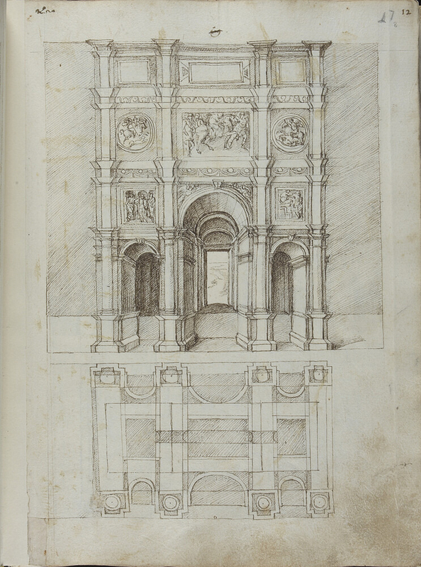 Recto: Triumphal arch with three openings, plan and elevation 
Verso: Arch of Titus, plan and elevation
