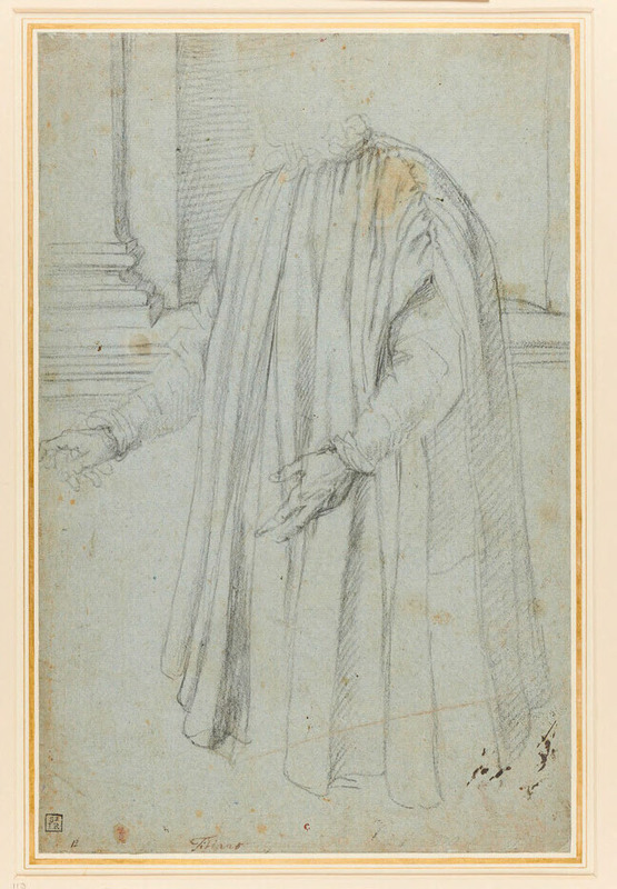 Recto: Study for the robe of a standing Venetian nobleman
Verso: Study for a still life on a dining table