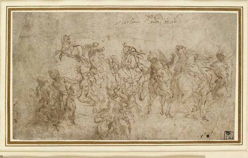 Recto: Sketch for a composition of The Defence of Scutari
Verso: Rough layout, giving measurements, of the smaller compartments of the ceiling in the Sala del Maggior Consiglio