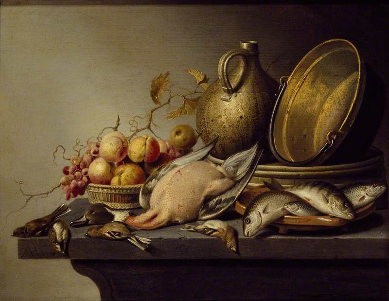 Still Life of Game, Fish, Fruit and Kitchen Utensils