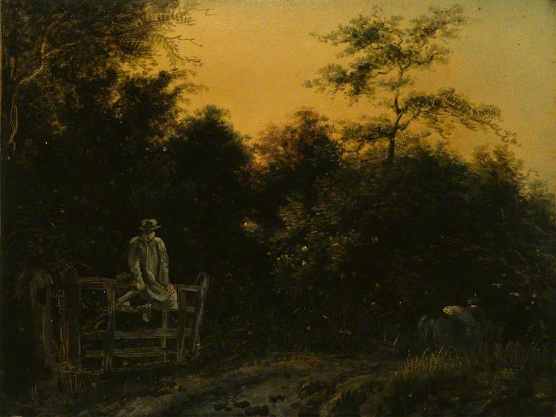 Landscape with a Track and a Man sitting on a Gate