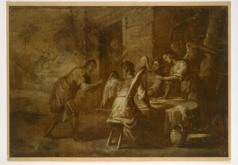 Abraham and the three Angels | Abraham approaching at left, bending forward and his hands folded together reaching out, the three angels around a table at right, two of them seated and one standing up, pointing at Abraham, with a figure standing in an open door in centre background (descriptive)