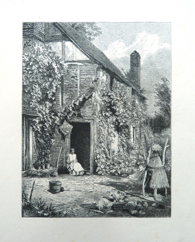English Landscape: cottage with young woman seated at the door sewing