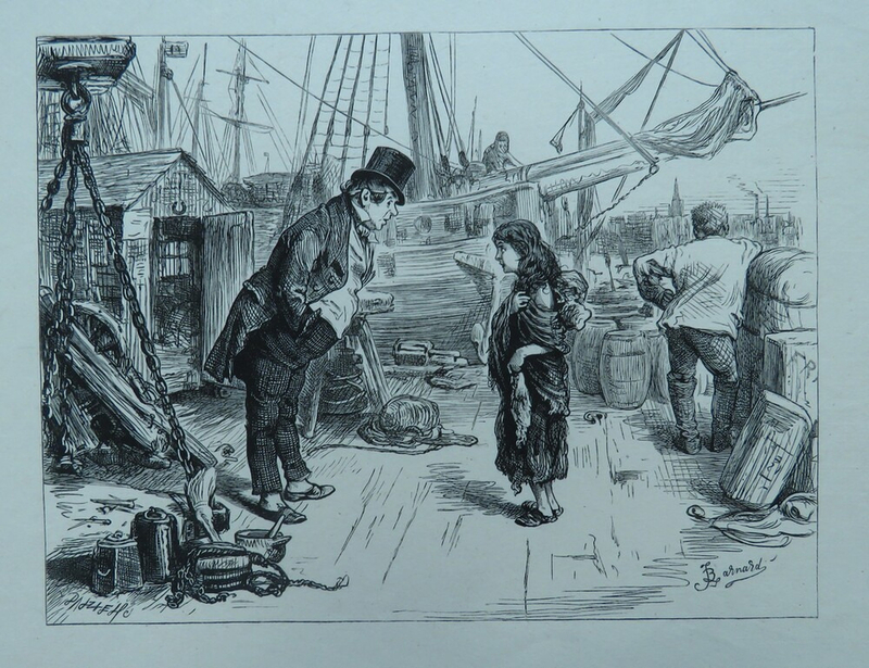 Illustration: a dockside conversation  between a portly middle-aged man and a bedraggled girl
