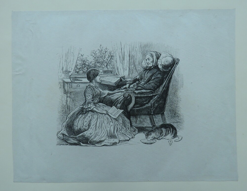 Illustration to 'The Grandmother's Apology', by Alfred, Lord Tennyson: an elderly lady sat by a window with a young woman kneeling at her feet