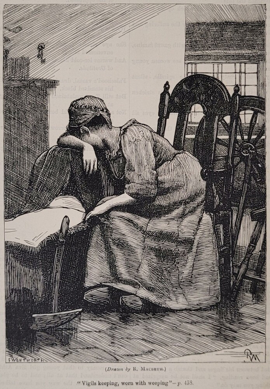 'Vigils keeping, worn with weeping'