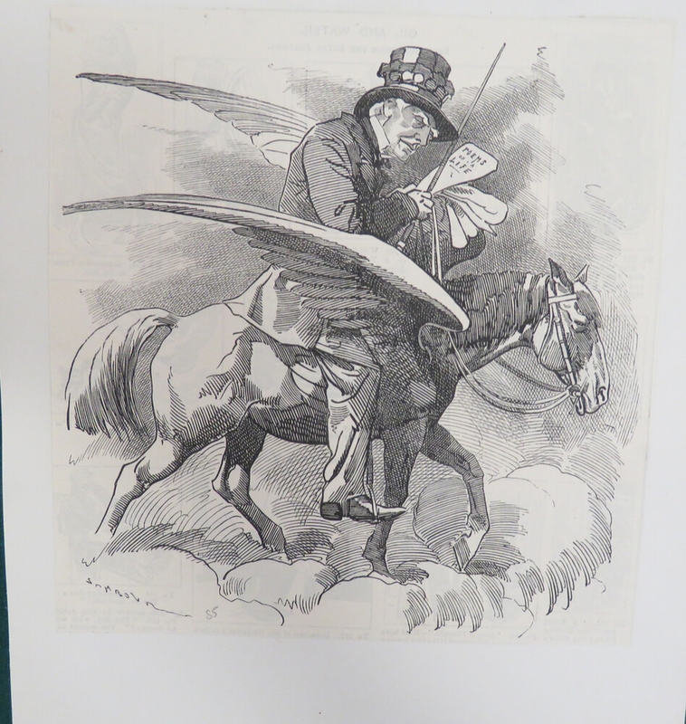 Caricature of an old man riding Pegasus through the clouds
