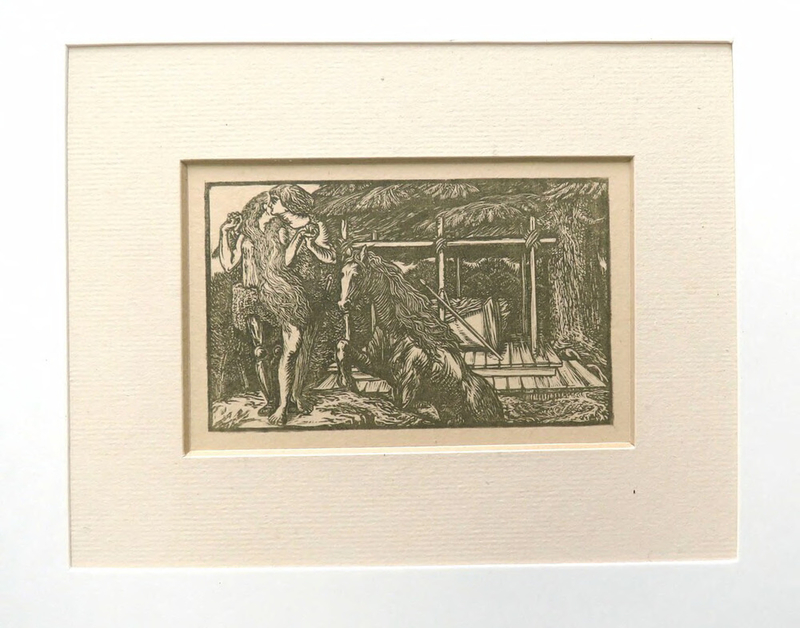 Mythological scene of a warrior, possibly Siegfried, and maiden embracing, with a horse to their left