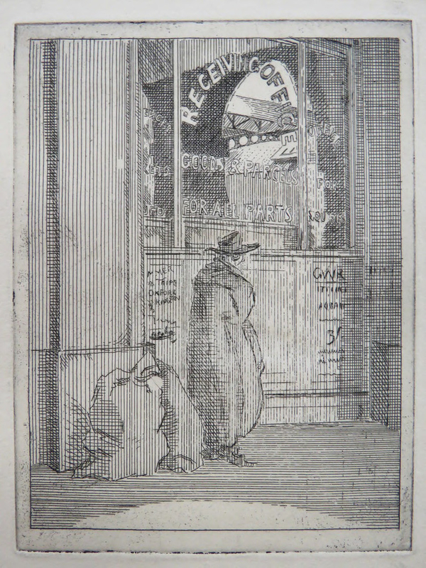Street scene with solitary figure at a railway terminus 'Goods and Parcels' office