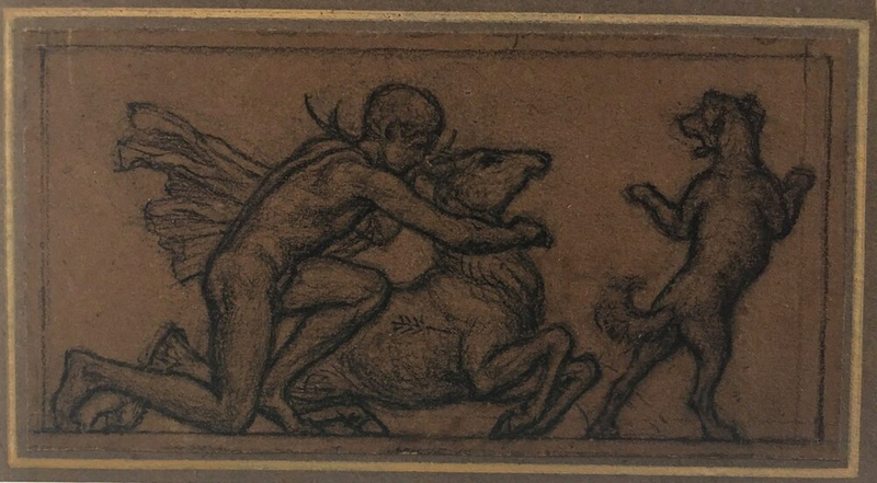 Design for Ivory Plaque to be inlaid in a Serving Table: A Hunter with a Dog and a Stag