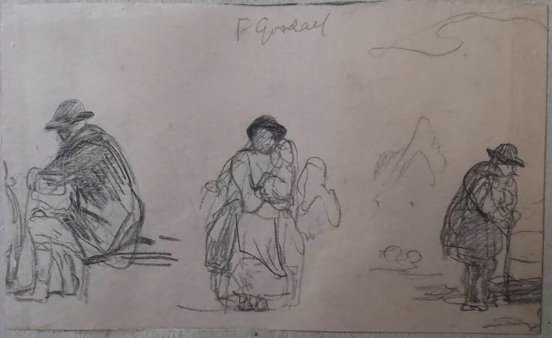 Recto: Two sketches of a woman with two children, seen from front and rear, and standing man in profile
Verso: Sketches of an elderly man, seated and standing, and a seated woman and child