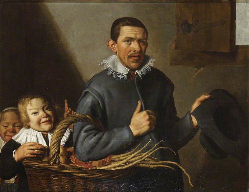 Two Children stealing an Apple from a Man with a Basket