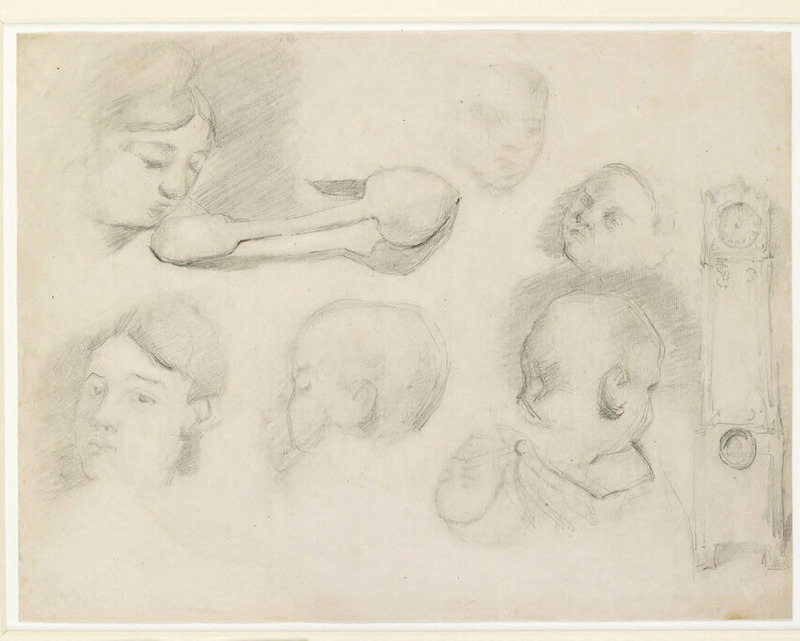 Recto: Studies of a child's head, a woman's head, a spoon, and a longcase clock Verso: print of two horses' heads from a drawing manual by Hippolyte Lalaisse