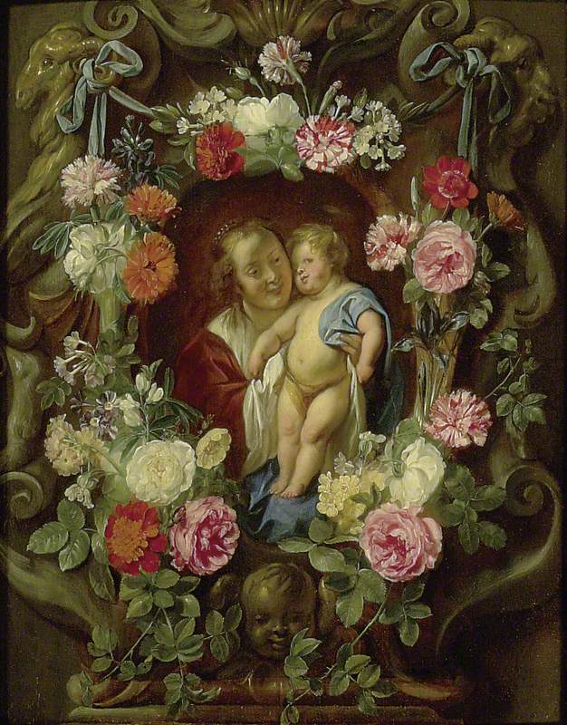 The Virgin and Child in a Cartouche decorated with Flowers