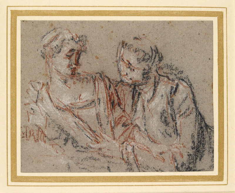 A man leaning towards a girl on the left, both half-length