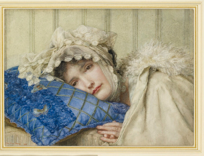 Girl in a Bonnet with her Head on a Blue Pillow