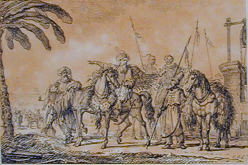 Group of five Arab warriors, three on horseback, by a well