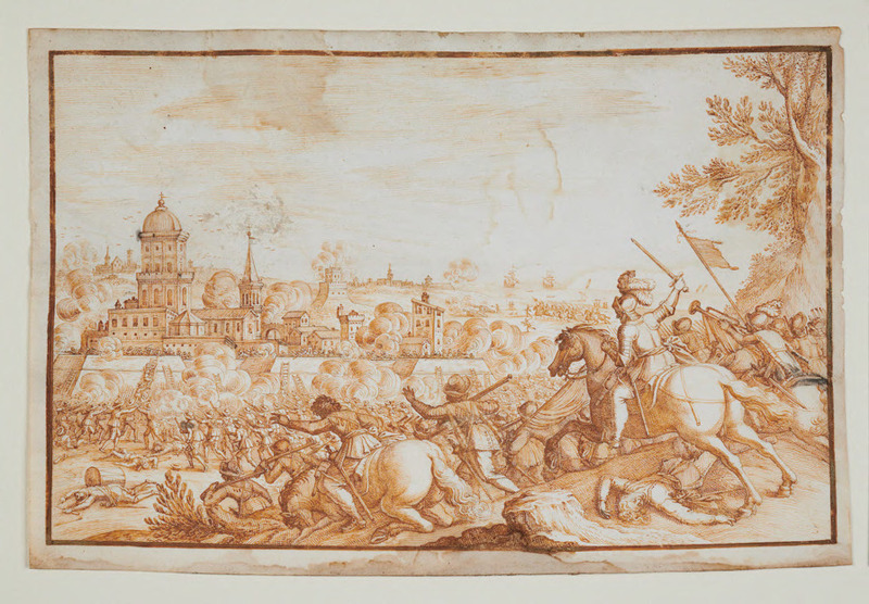 A battle scene with the siege of a fortified city