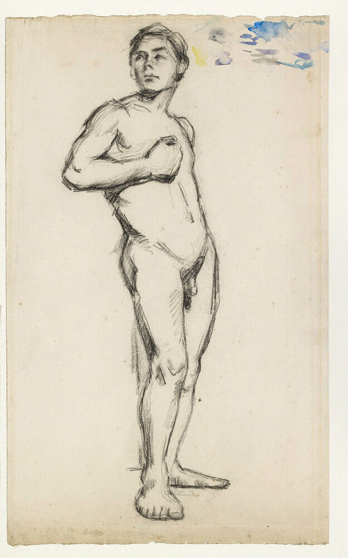 Academic study of a male nude with his right hand clenched across his chest