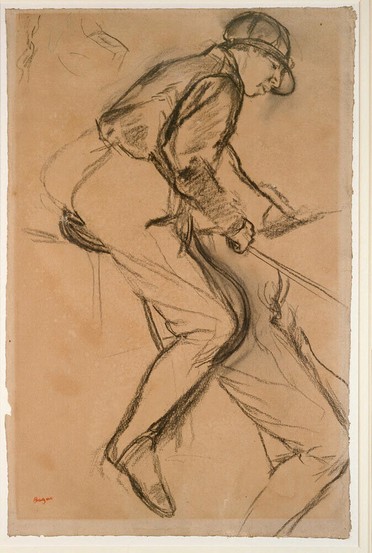 A seated jockey, facing right