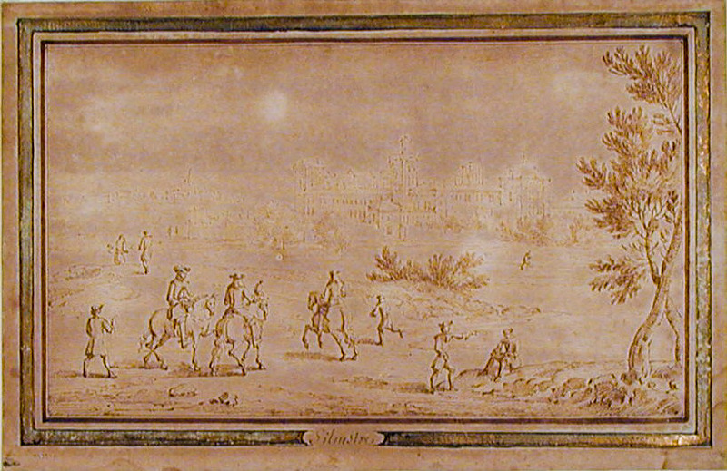 Landscape with three horsemen and other figures, with a building in the distance