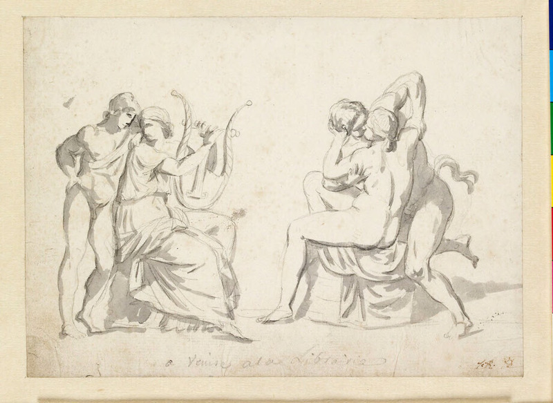 A youth standing by a woman playing a lyre and a separate study of an embracing couple (after the antique)