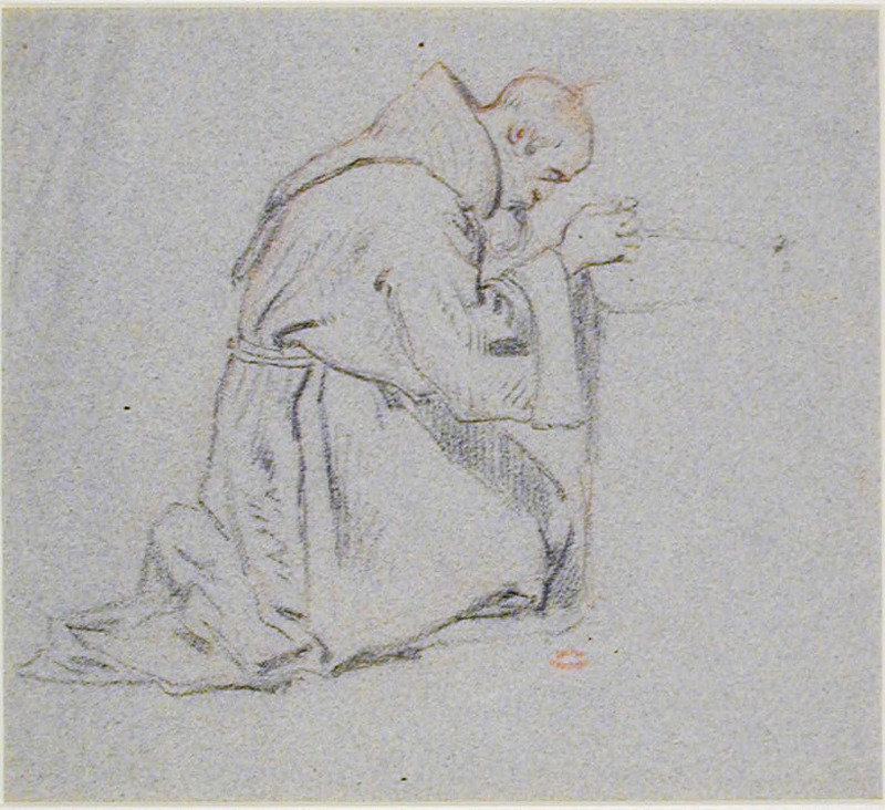 A monk, kneeling in prayer in profile to right