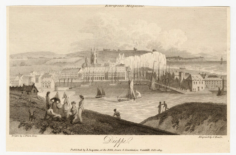 View of the harbour and coastline at Dieppe, with figures gathered on a hill watching the ships