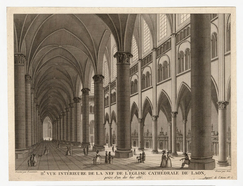 Interior view of the cathedral church of Laon, with figures in the soaring gothic nave