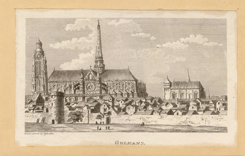 View of Orleans from outside the city walls, with prominent church and cathedral