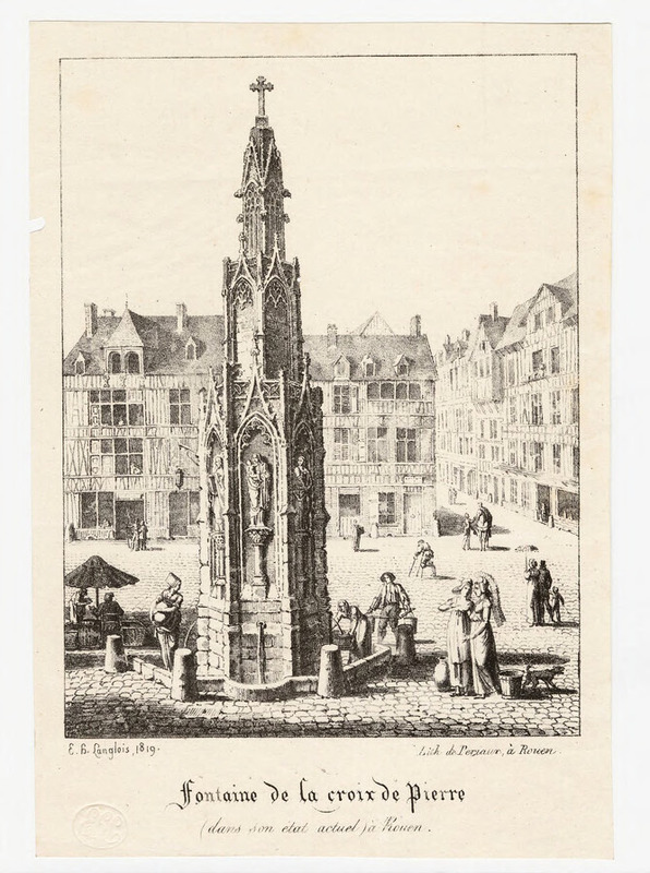 View of a fountain in a cobbled square, with figures gathering water