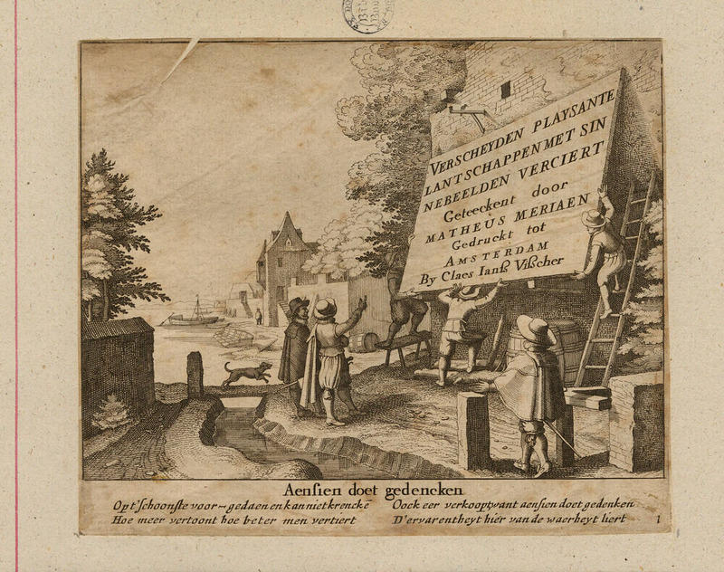 Frontispiece to the series with title on a board being held aloft by three workmen, with three male onlookers, with Dutch landscape in the background