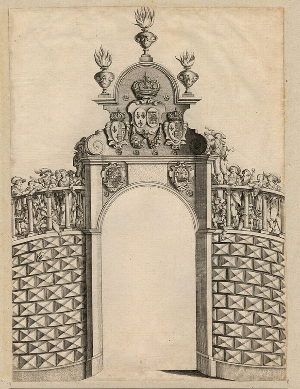 Illustration to Jean-Baptiste de Machault's 'Eloges et discours sur le triomphante réception du Roy en sa ville de Paris après la réduction de La Rochelle', with a triumphal arch topped by three finials, with various coats of arms, with multiple figures