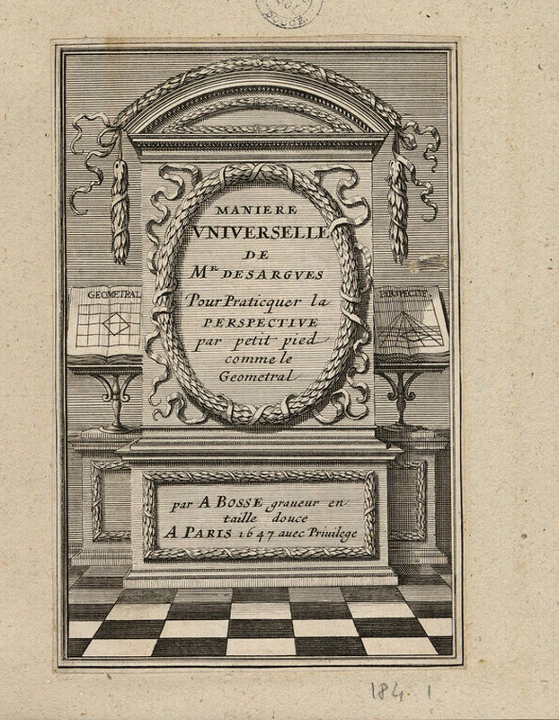 Title-page to 'La Manière Universelle de Mr Desargues Pour Praticquer la perspective par petit pied comme le Geometral', with title in a frame on an architectural structure with garlands, flanked by books on geometry and perspective