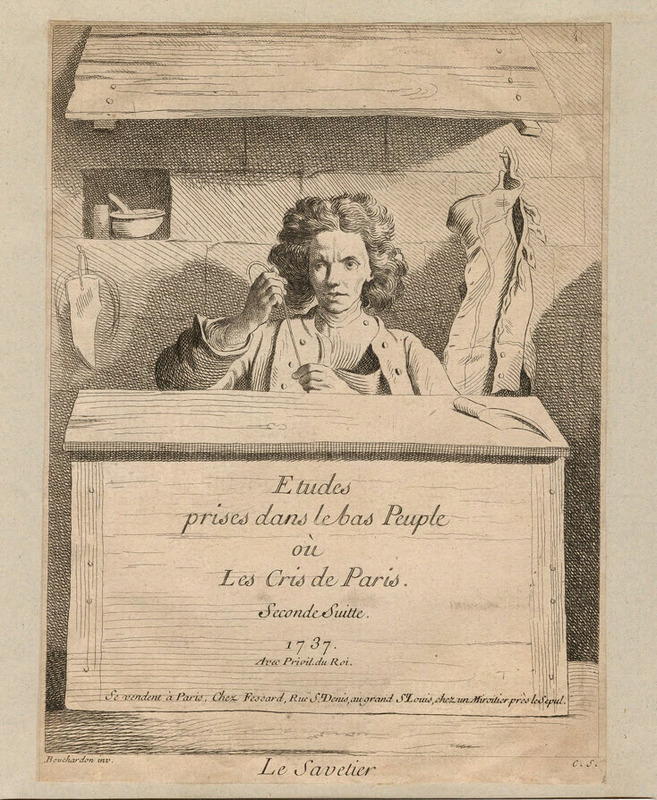 Frontispiece to the second suite of the series with title on a box, behind which is seated a cobbler