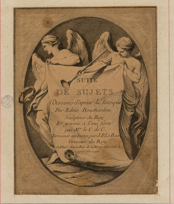 Frontispiece to the series with title on a sheet held between two angels, holding a laurel wreath to the left and a trumpet to the right