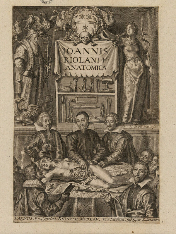 Frontispiece to Jean Riolan's 'Opera Anatomica', with title on a sheet draped over a cabinet of surgeon's instruments, flanked by Asclepius to the left and Hygeia to the right, with the author and seven surgeons grouped around an autopsy table below