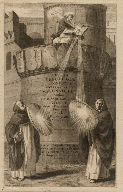 Title-page to Jean-Baptiste Gonet's 'Clypeus Theologiæ Thomisticæ', with title on the tower of a fortress, with St Thomas Aquinas writing above, with a dove representing The Holy Spirit illuminating his text, with the light emitted from the book bouncing off the shields of two members of the Ordre des Prêcheurs below