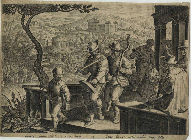 Three men leaving for hunting snipes and birds with crossbows