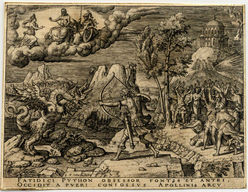 Apollo killing the serpent Python with his arrows