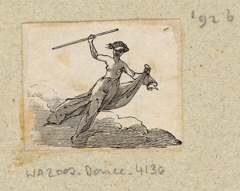 Allegorical figure: female personification raising a staff and hovering among clouds with drapes covering the lower part of her body