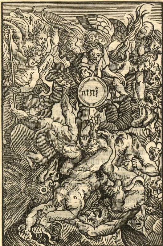 Archangel Michael battling demons