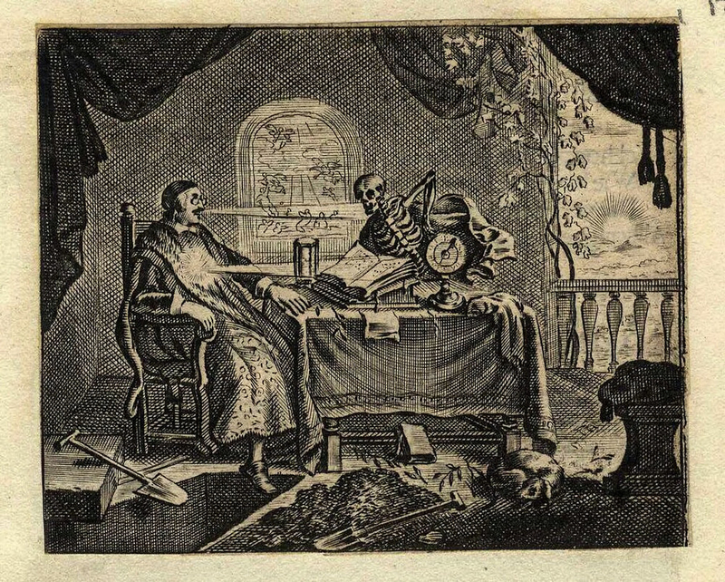Death and an old man seated at a table