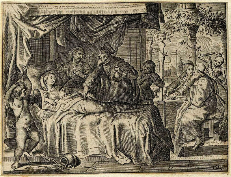 Recto: mourners around the bed of a woman 
Verso: initial letter I