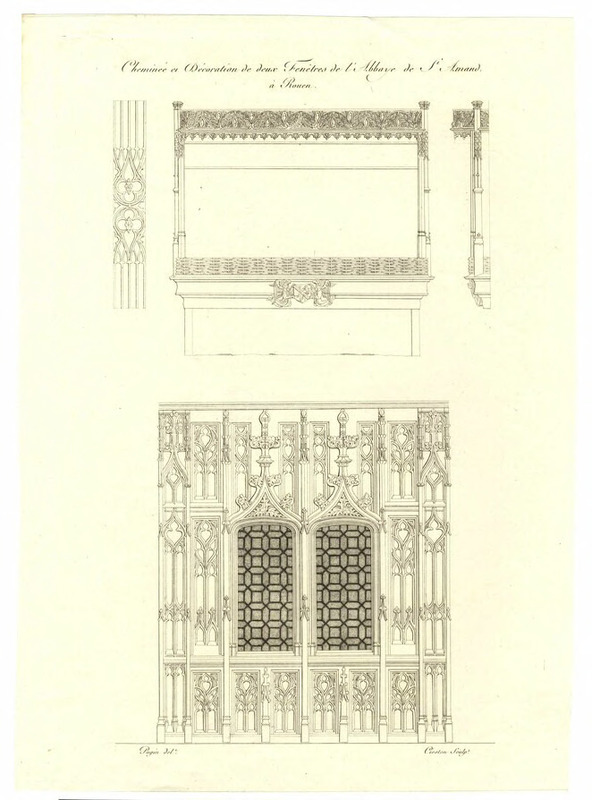 Elevation of a fireplace and decorations of two windows of the S. Armand's Abbey at Rouen