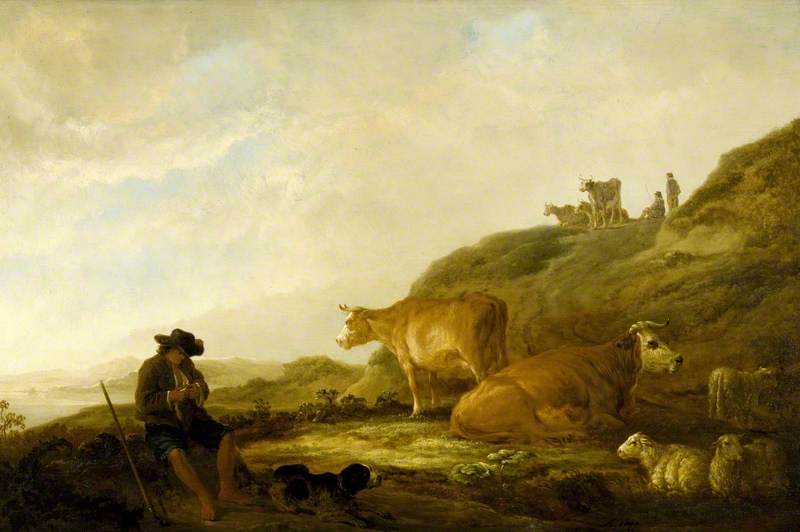 Seated Shepherd with Cows and Sheep in a Meadow